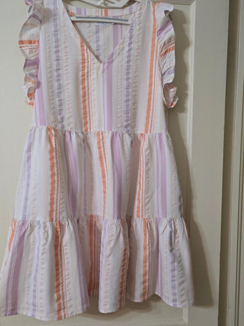 M Time & Tru Flutter Sleeve Tier Dress Orange-Lavender Stripes Pattern & Ruffle